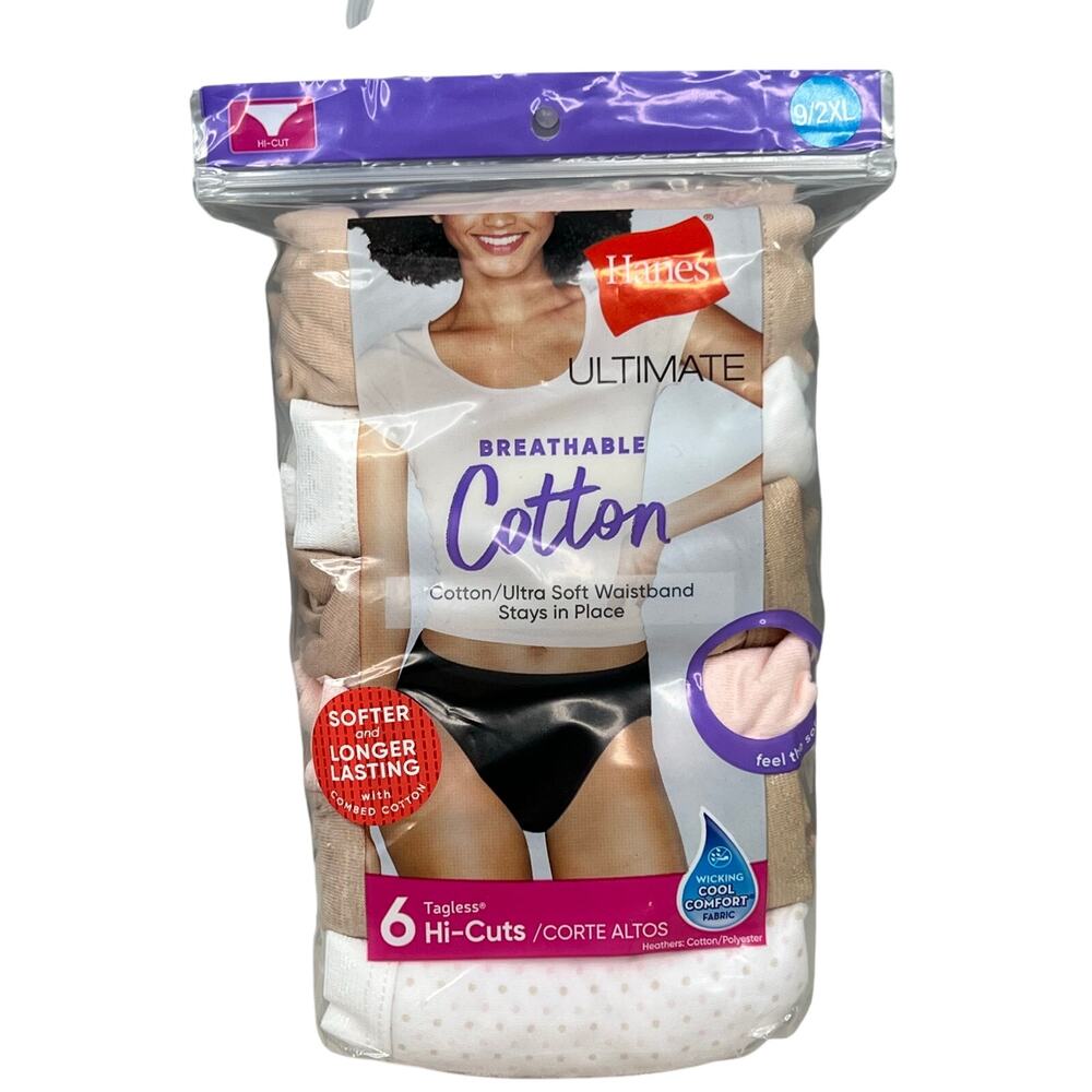 Hanes Ultimate Hi Cut Underwear Panties 9 2XL 6 Pack Pink White Tan NIP